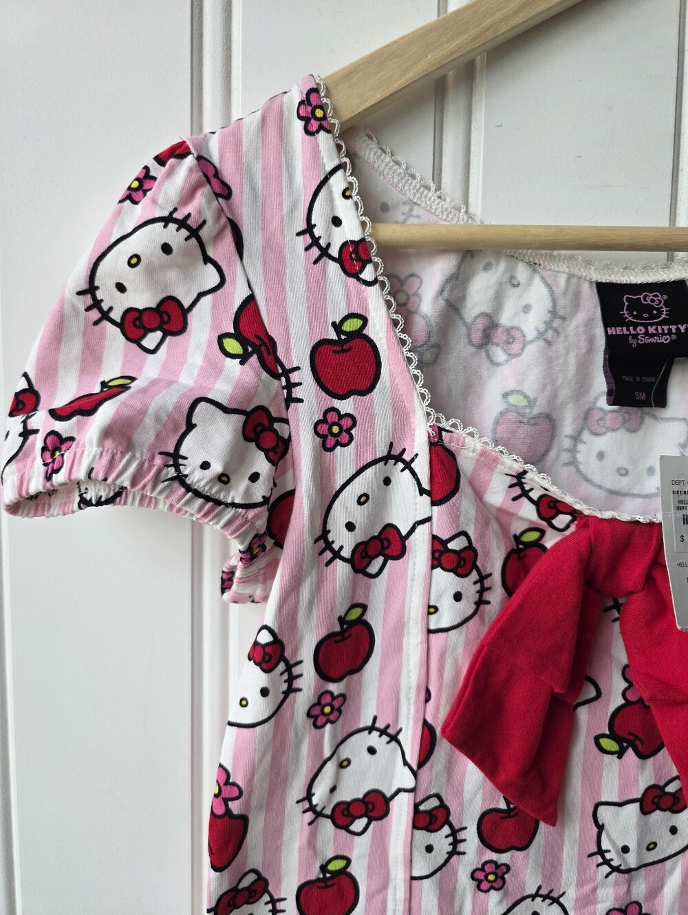 Hot Topic Hello Kitty Sanrio Y2K Pink Striped Blouse Top Apples Small Medium - Picture 7 of 11